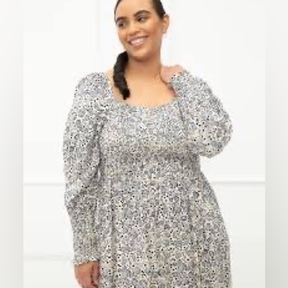 🔥ELOQUII Elements Women's Plus Size Dandelion Print Midi Dress w/Smocked Bodice - Picture 4 of 13